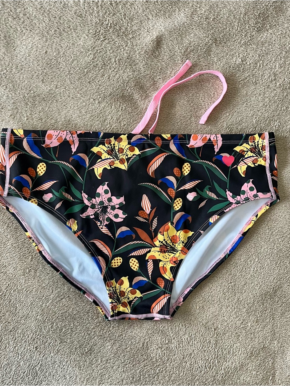 Floral Swim Briefs in Black and Pink Drawcord by Kaftko, XL see size notes